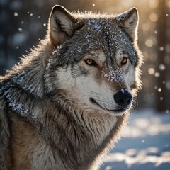 Obraz premium A wolf basking in soft sunlight with snowflakes melting on its fur.