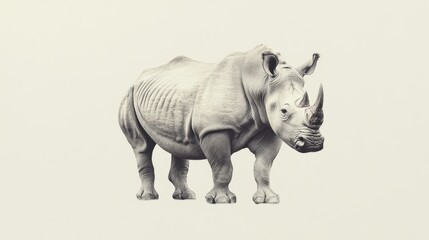 Obraz premium A grayscale image of a rhinoceros standing against a beige background.