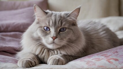 Lilac british longhair cat lying on bed in the bedroom