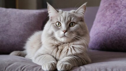 Lilac british longhair cat lying on sofa at home