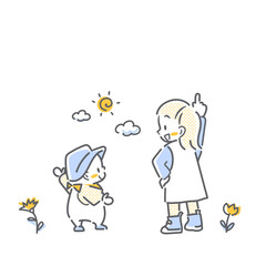 明るい未来を指差す赤ちゃんと女の子　シンプルでカワイイ線画イラスト
