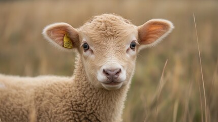 Fototapeta premium Adorable light brown lamb in field.