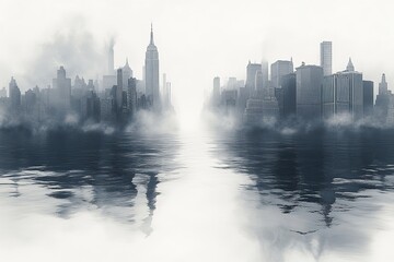 Obraz premium Skyline city reflected on water, cloudy sky, with industrial background