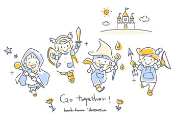 個性を活かして友達と一緒に目標達成を目指す子供たち　シンプルでかわいい線画イラスト