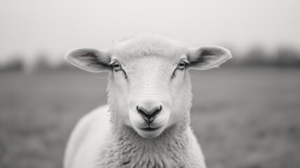 Naklejka premium Close-up monochrome portrait of a calm sheep looking directly at the camera in a field.