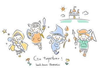 Children who use their individuality to achieve goals with their friends - Simple and cute line drawing illustration