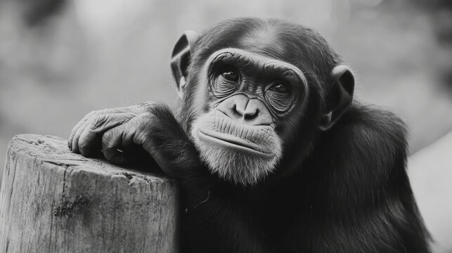 Close-up black and white portrait of a chimpanzee resting its arms on a wooden post.