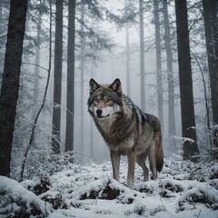 Fototapeta premium A wolf emerging from a foggy white forest.