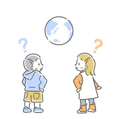 学ぶ子供たち　世界　好奇心　シンプルでかわいい線画イラスト