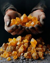 Weathered callused hands sifting through a pile of luminous golden nuggets unearthing the hard won spoils of a rugged mining expedition depicted in a gritty
