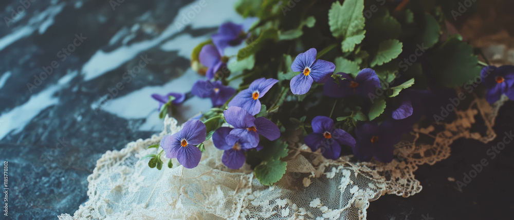 Aufkleber purple violets arranged with vintage lace create a delicate flat lay setting