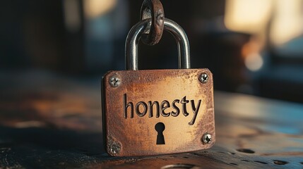 Rusted padlock engraved with "honesty" word.