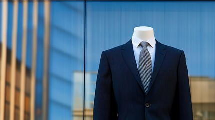 A tailored suit displayed on a mannequin against a modern glass building backdrop.