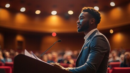 A confident presenter delivering a talk to an attentive audience Stock Photo with side copy space.