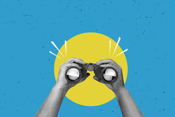 hands holding a big binoculars. Art collage. Searching for information on the internet, planning...