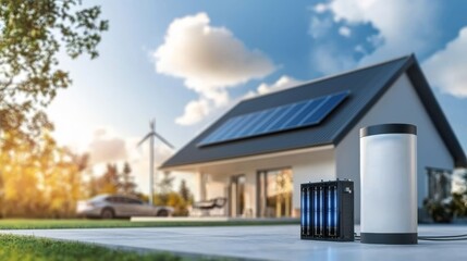 Obraz premium Modern Home Power System with Clean Battery Technology and Solar Panels