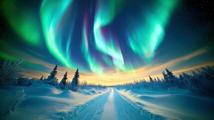 Majestic Northern Lights Over Snowy Landscape with Serene Road and Pine Trees Surrounded by Twinkling Stars in Tranquil Winter Night Sky