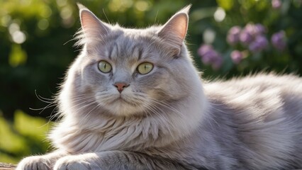 Lilac british longhair cat lying outside in the garden