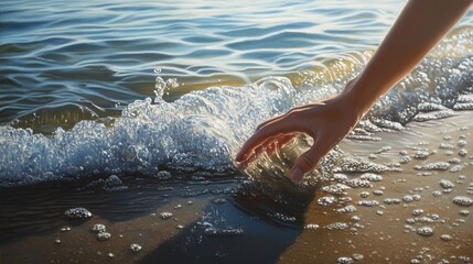 Fototapeta premium Hand Gently Touches a Gentle Ocean Wave