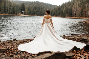 woman in a wedding dress standing on the shore of a pond. She has her back to the camera and is...
