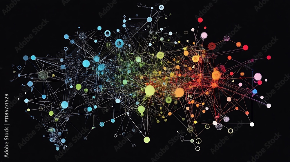Poster vibrant visualization of a complex network showcasing nodes edges in a multitude of colors.