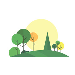 Fototapeta premium Colorful Hill Valley Nature Landscape with Trees and Sun in the Morning