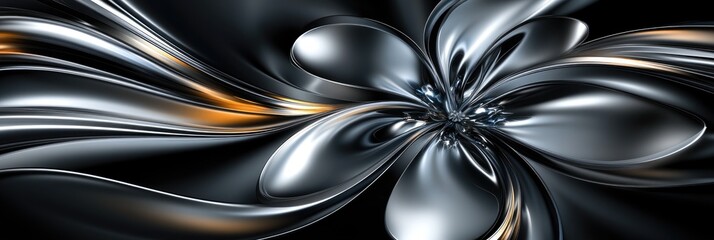 Abstract metallic design with flowing shapes and reflections on a black background.