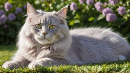 Obraz premium Lilac british longhair cat lying outside in the garden