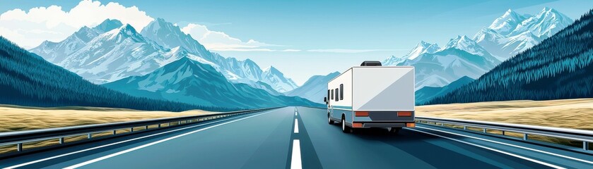 Obraz premium Scenic Road Trip Through Majestic Mountains With RV Traveling Along Smooth Highway Amidst Clear Blue Sky and Lush Green Countryside Landscape