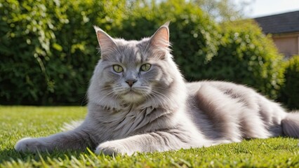 Obraz premium Lilac british longhair cat lying outside in the garden