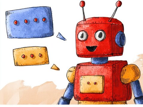Illustration of a colorful cartoon robot with speech bubbles in blue and yellow, symbolizing communication and interaction in a playful design