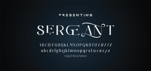 Luxury wedding alphabet letters font with tails. Typography elegant classic serif fonts and number decorative vintage retro concept for logo branding. vector illustration
