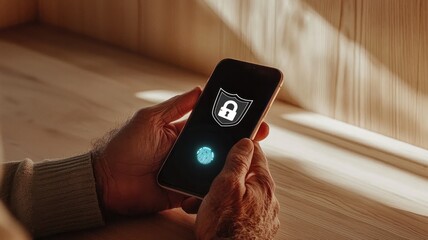 Hands of an elderly person holding a smartphone showing a fingerprint scanner and lock icon, symbolizing digital security and privacy
