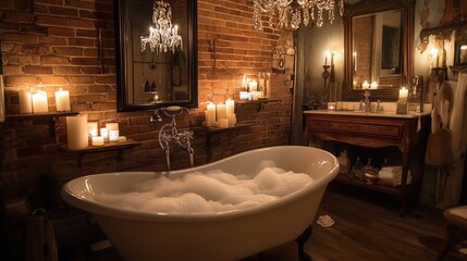 A Bathtub in a Bathroom With Candles and a Brick Wall - Generative AI