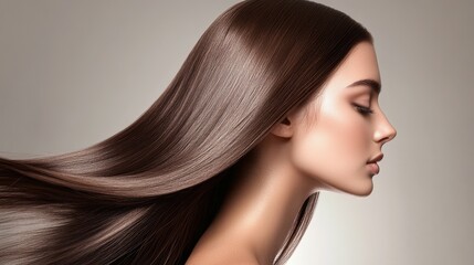 Beautiful model girl with Brown hair strand,silky healthy chestnut wavy hair strand,hair wavy ribbon, with smooth,Keratin straightening,Treatment,straight long hair,procedures,Smooth hairstyle.