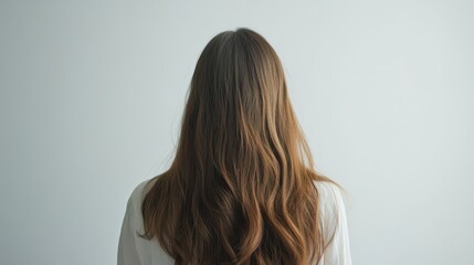 Naklejka premium Beautiful model girl with Brown hair strand,silky healthy chestnut wavy hair strand,hair wavy ribbon, with smooth,Keratin straightening,Treatment,straight long hair,procedures,Smooth hairstyle.