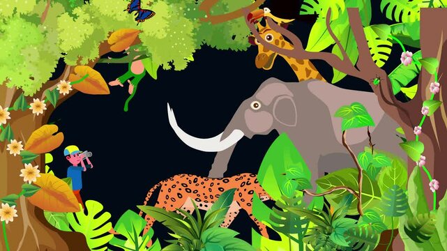 Tropical jungles animals animation cartoon giraffe, elephant, birds, trees
