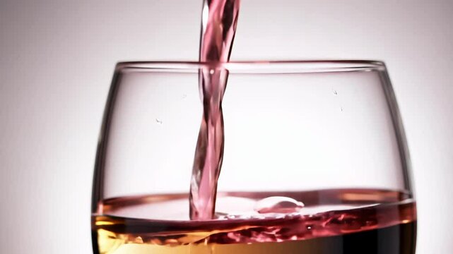 Close-up static video, soft lighting, slow pour of ros&eacute; wine into a wine glass with a plain background, emphasizing the wine's color and clarity