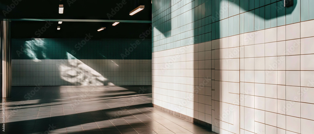 Poster minimalist interior featuring stacked subway tiles with clean lines and soft shadows