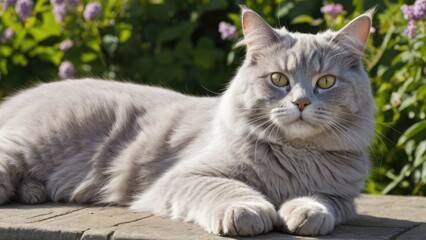 Obraz premium Lilac british longhair cat lying outside in the garden