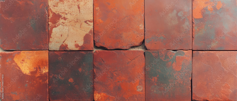 Poster rustic terracotta tiles showcasing warm earthy tones and unique textures in a cozy setting