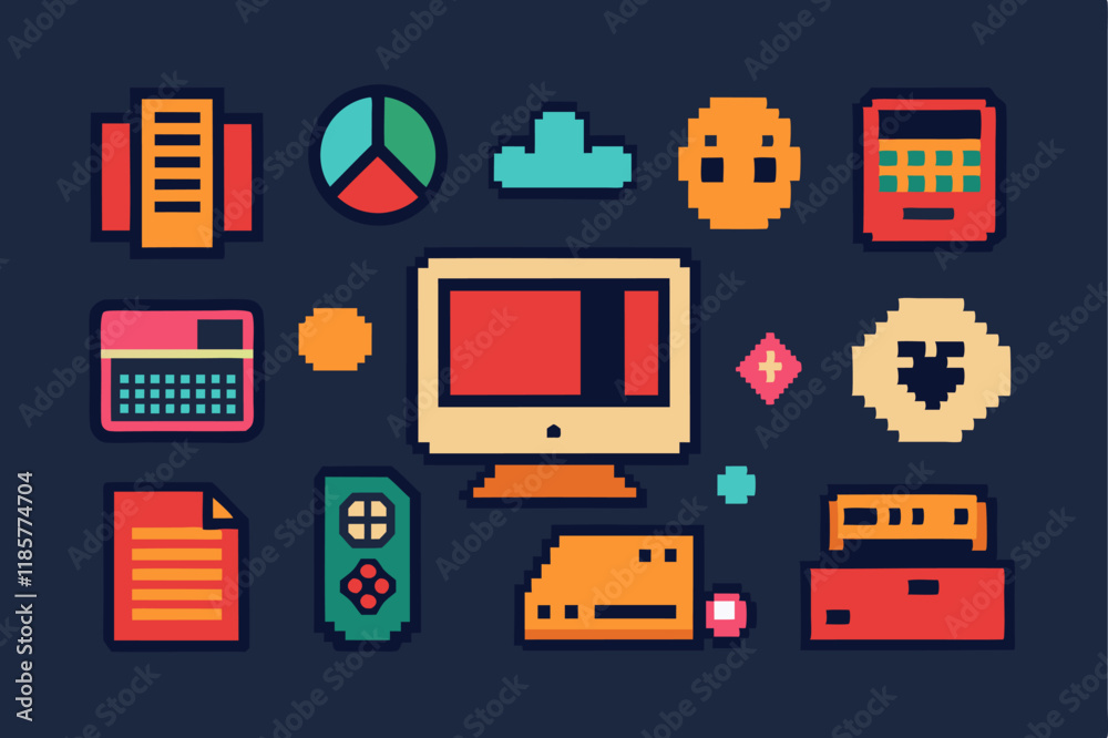 Wall mural retro pixelated icon collection for web and digital aesthetic design