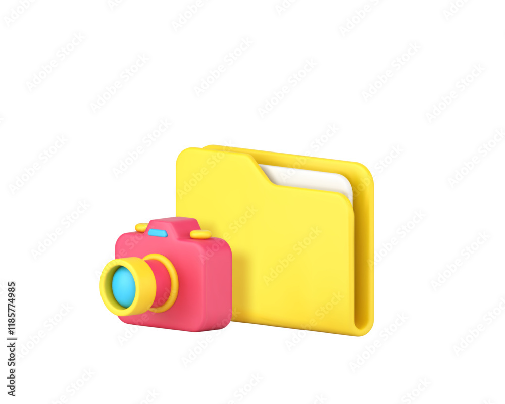 Poster multimedia content archive storage folder with camera 3d icon realistic vector illustration. media p
