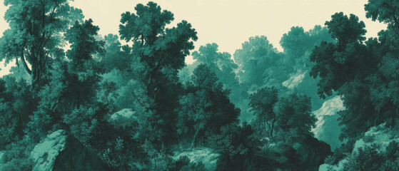 Fototapeta premium Intricate vintage toile pattern depicting lush forest scenery and detailed foliage