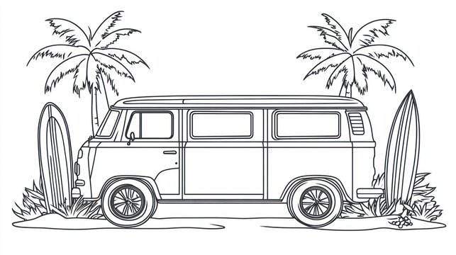 recommend clip art: Tropical beach van, surfboards, palms, line art, coloring