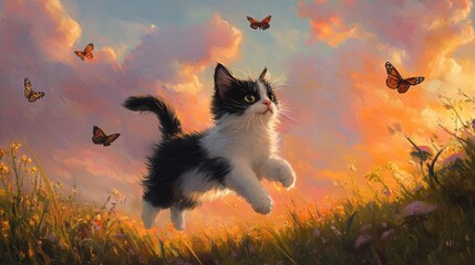 Obraz premium A cheerful black-and-white cat chasing butterflies in a meadow, with a vibrant sky full of soft, pinkish clouds during sunset.