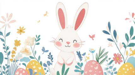 Obraz premium A cheerful Easter bunny surrounded by pastel-colored eggs and flowers, set against a white background. 