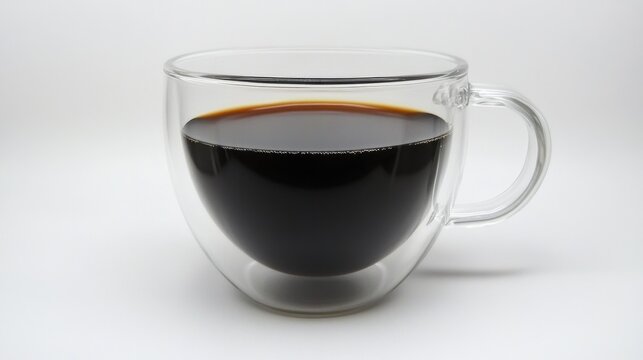 A clear coffee mug with black coffee inside, isolated on a pristine white background.