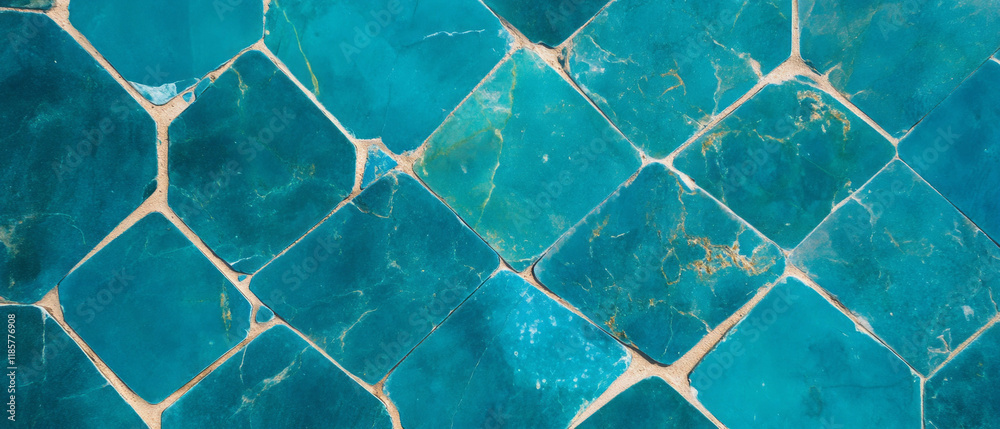 Poster mosaic tiles in turquoise adorned with varied shapes in a mediterranean style