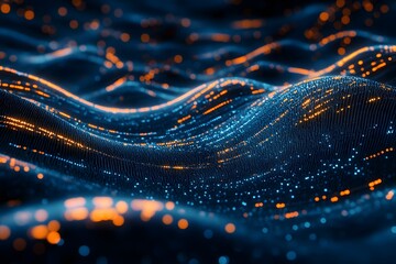 Abstract data flow, digital waves, glowing, dark background, tech concept